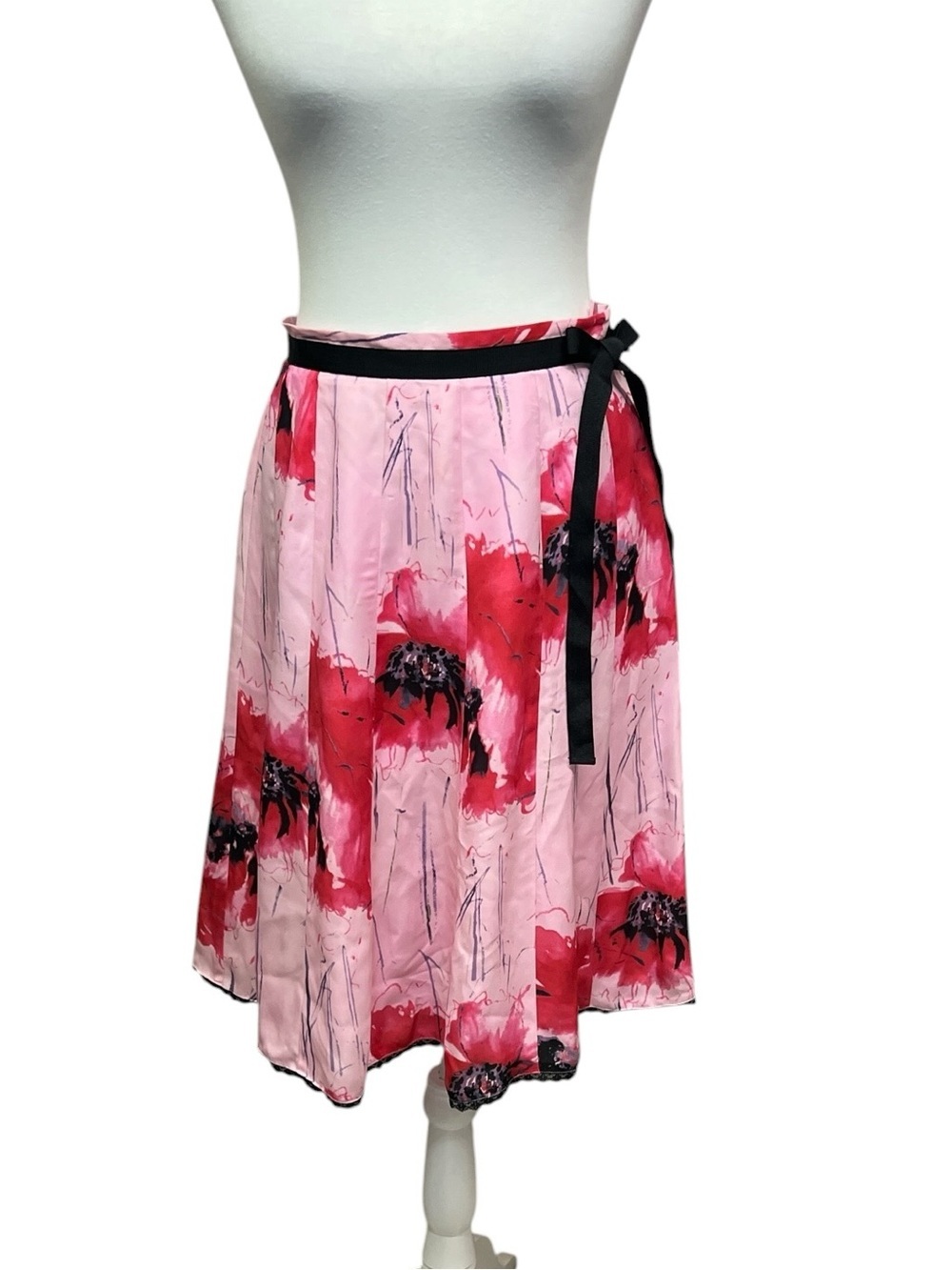 Floral Pink & Red Circle Skirt with Black Waist Tie